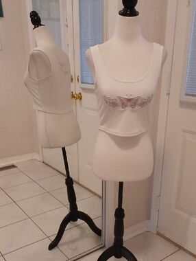 4/$40 White Ribbed Cropped Tank with Pink Butterfly Embroidery